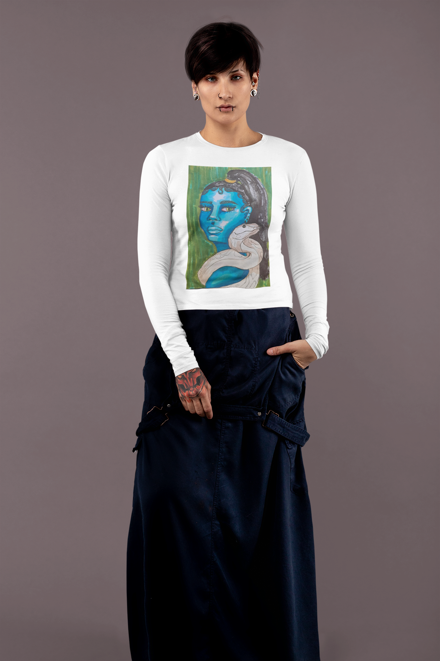 “Blue Muse with Serpent” by Sophie Lior – Fine Art Print on Long Sleeve Tee