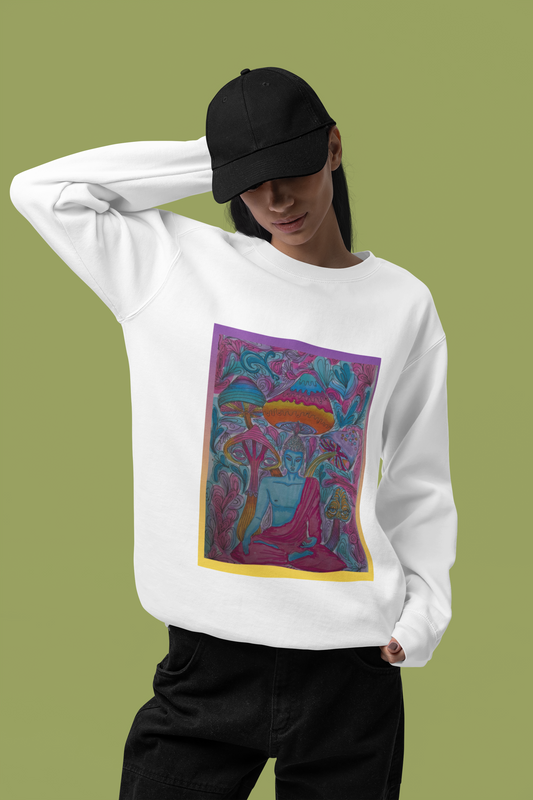 Zen in Technicolor by Sophie Lior – Psychedelic Buddha Mushroom Sweatshirt, Unisex Comfort Colors Crewneck