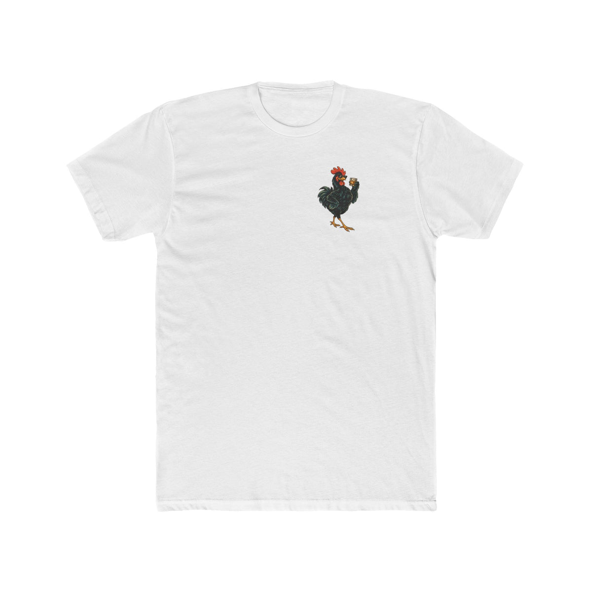 White Whisky Business unisex T-shirt with a small left-chest illustration of a sunglasses-wearing rooster holding a whisky glass.