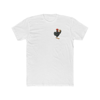 White Brewed Awakening unisex T-shirt with a small left-chest illustration of a rooster raising a frothy beer mug.