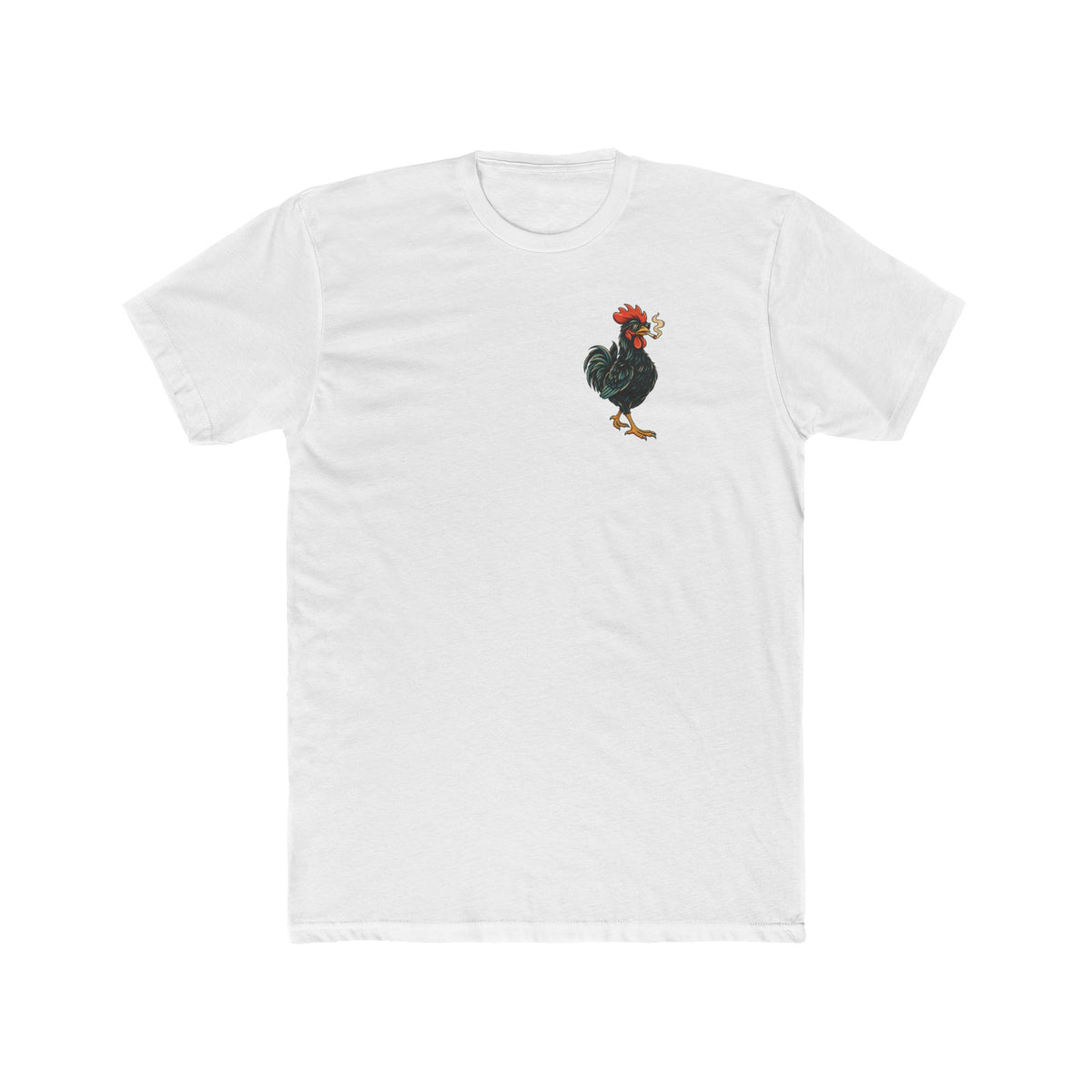 White Smoke Break unisex T-shirt with a small left-chest graphic of a sunglasses-wearing rooster smoking a cigarette.