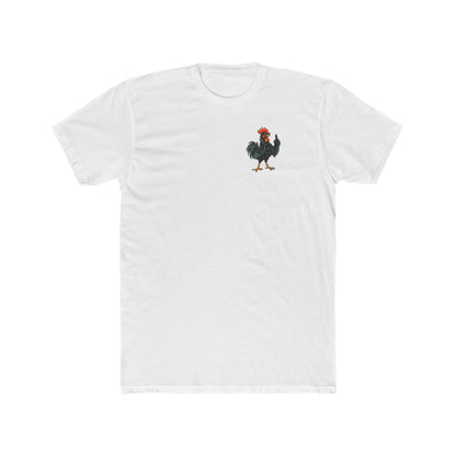 White Giving the Bird unisex T-shirt with a small left-chest illustration of a rooster raising its middle finger.