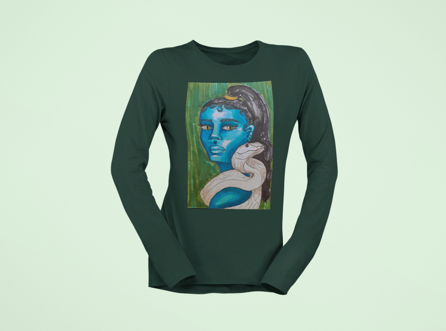 “Blue Muse with Serpent” by Sophie Lior – Fine Art Print on Long Sleeve Tee