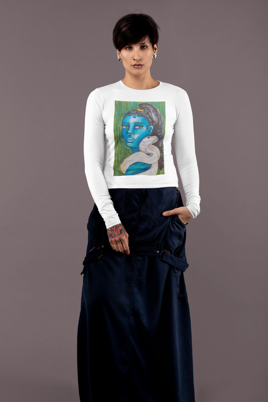 “Blue Muse with Serpent” by Sophie Lior – Fine Art Print on Long Sleeve Tee