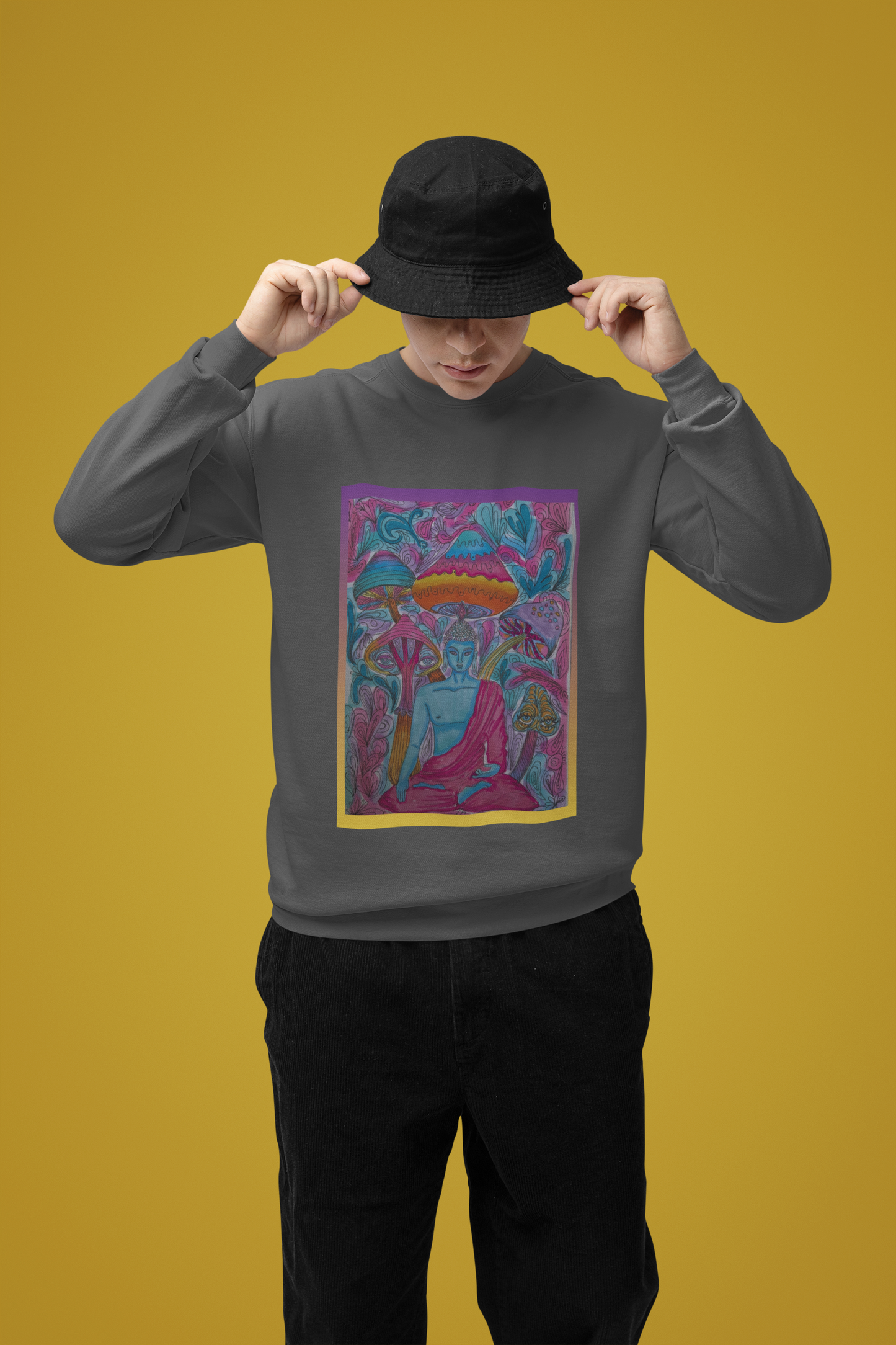 Zen in Technicolor by Sophie Lior – Psychedelic Buddha Mushroom Sweatshirt, Unisex Comfort Colors Crewneck