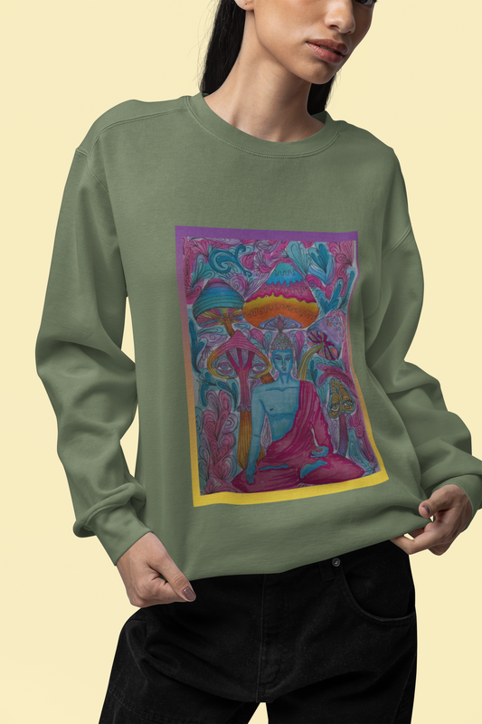 Zen in Technicolor by Sophie Lior – Psychedelic Buddha Mushroom Sweatshirt, Unisex Comfort Colors Crewneck