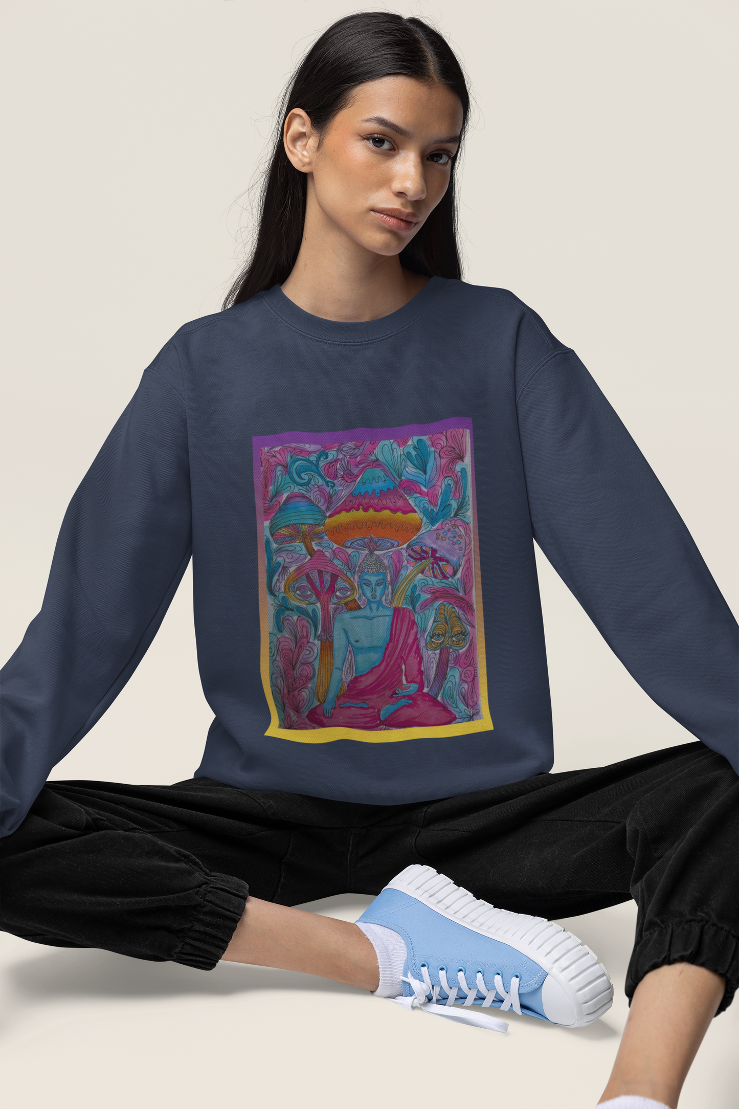 Zen in Technicolor by Sophie Lior – Psychedelic Buddha Mushroom Sweatshirt, Unisex Comfort Colors Crewneck