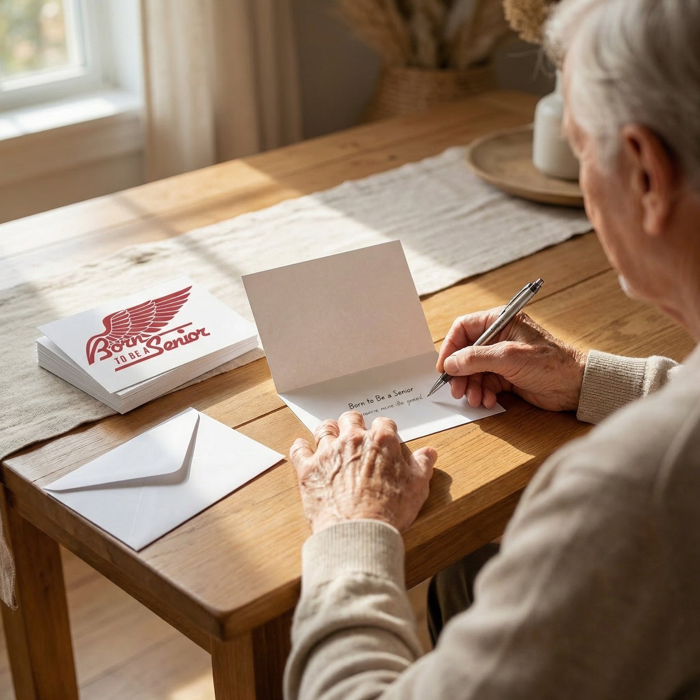 Senior writing a message inside a greeting card at a wooden table, with an envelope and a stack of ‘Born to Be a Senior’ greeting cards in a warm home setting.