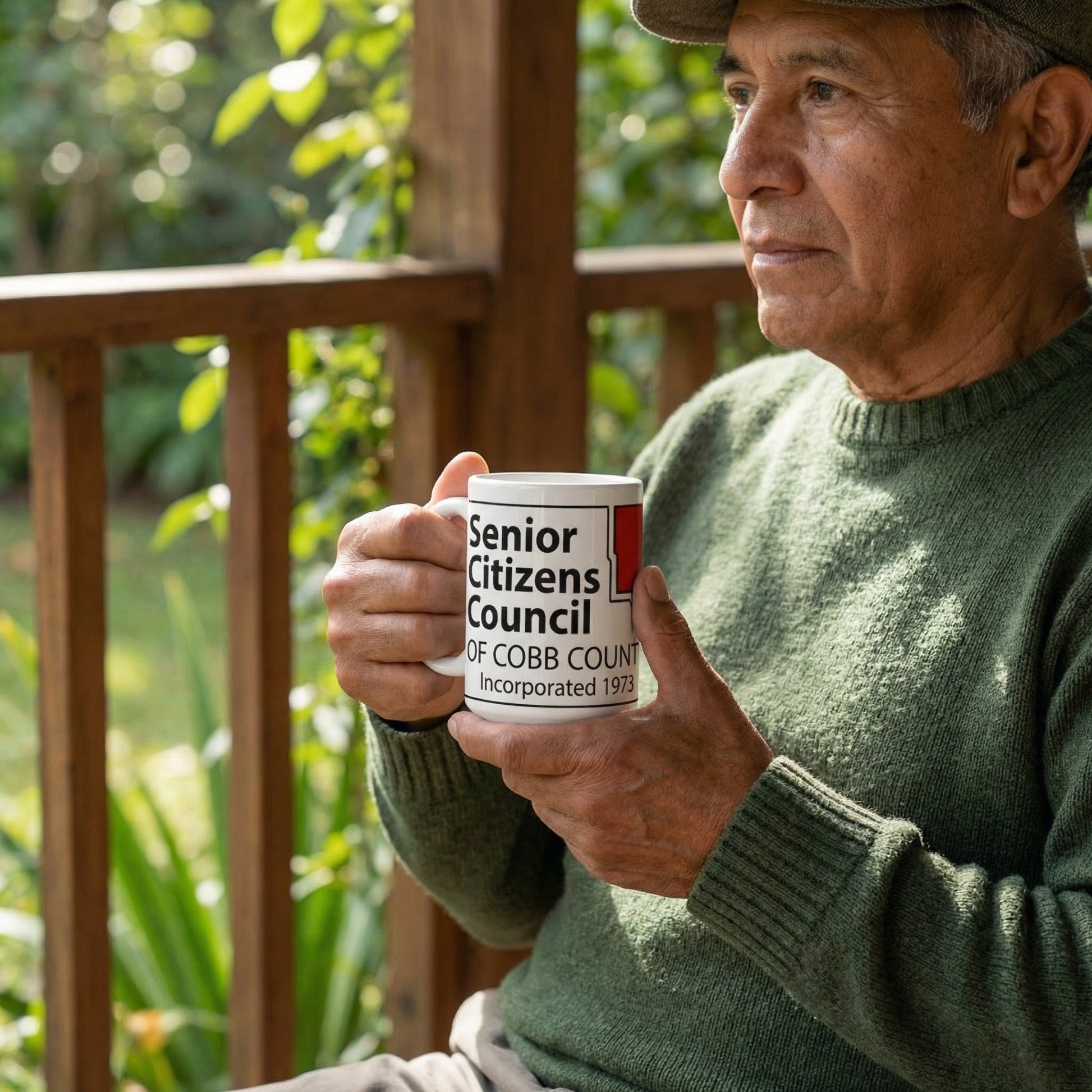 Man holding a mug with 'Senior Citizens Council' text on a wooden deck
