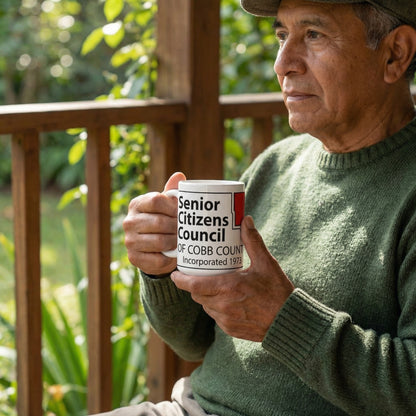 Man holding a mug with 'Senior Citizens Council' text on a wooden deck