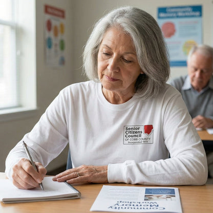 Woman in a classroom setting wearing a 'Senior Citizens Council' shirt, sitting at a table with a notebook and pen.