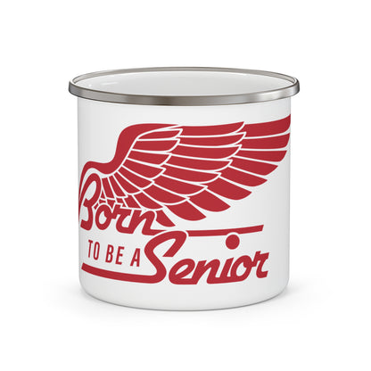 White enamel camping mug with red wing graphic and ‘Born to Be a Senior’ logo.