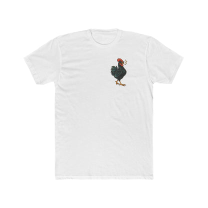 White Fowl Behavior T-shirt with a small left-chest graphic of a sunglasses-wearing rooster smoking a joint.