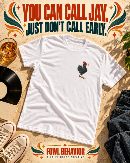 You Can Call Jay rooster T-shirt with small left-chest artwork, styled in a bold vintage flat lay.