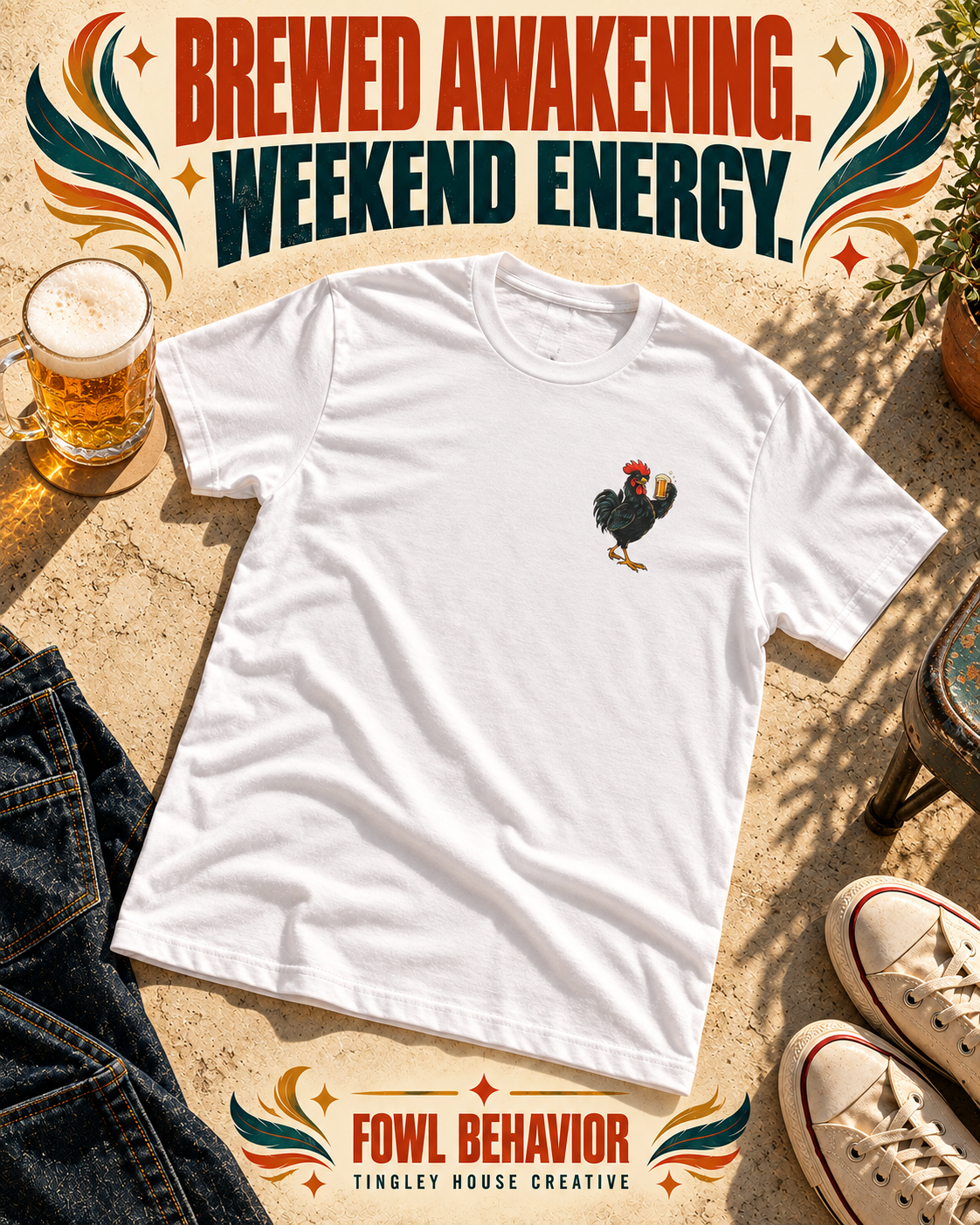 Brewed Awakening rooster T-shirt with small left-chest artwork, styled in a bold vintage flat lay.