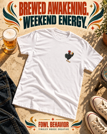 Brewed Awakening rooster T-shirt with small left-chest artwork, styled in a bold vintage flat lay.