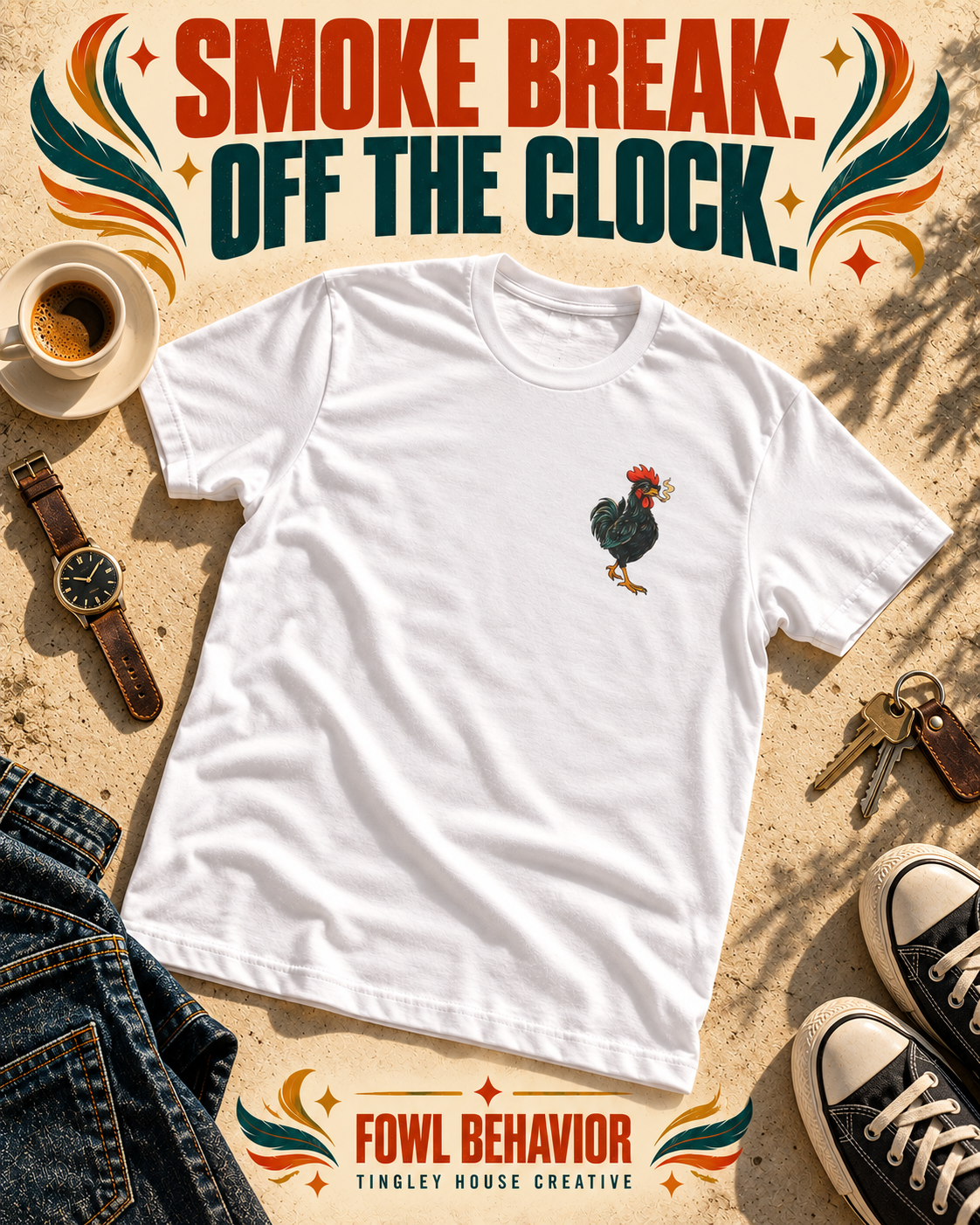 Smoke Break rooster T-shirt with small left-chest artwork, styled in a bold vintage flat lay.
