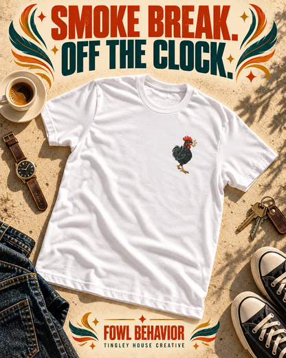 Smoke Break rooster T-shirt with small left-chest artwork, styled in a bold vintage flat lay.